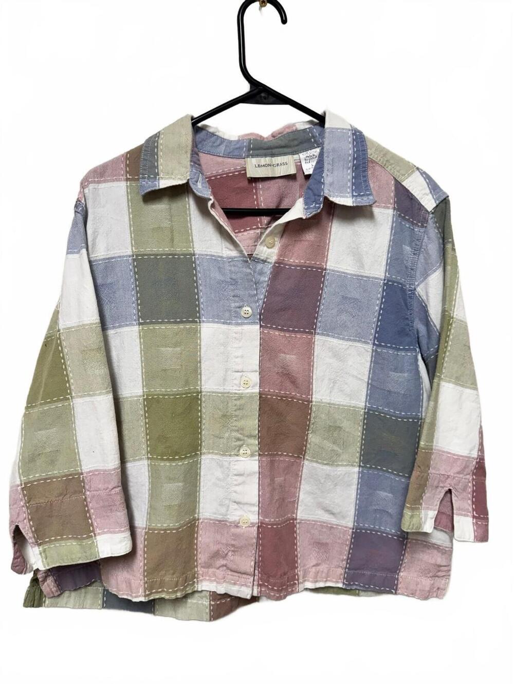 Lemon Grass Plaid Patchwork Style Button-Up Top